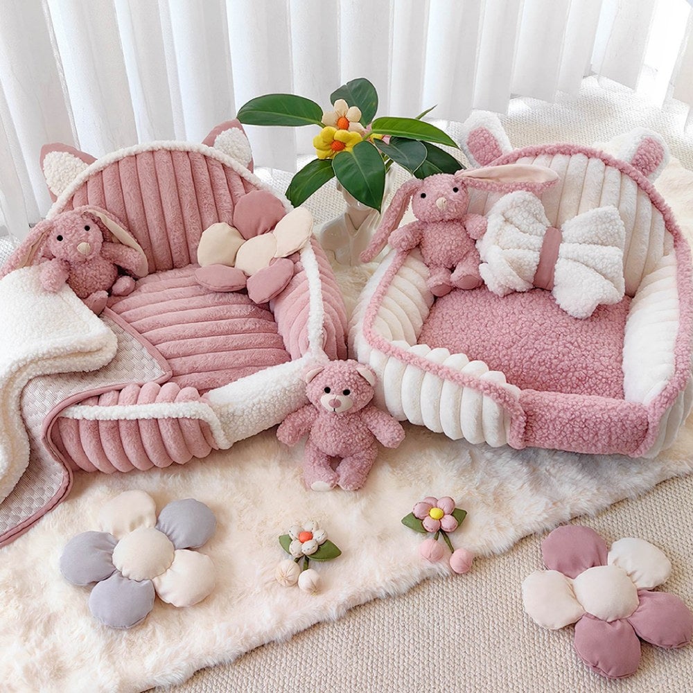 Cream Pink Fluffy Cozy Washable Dog & Cat Sofa Bed