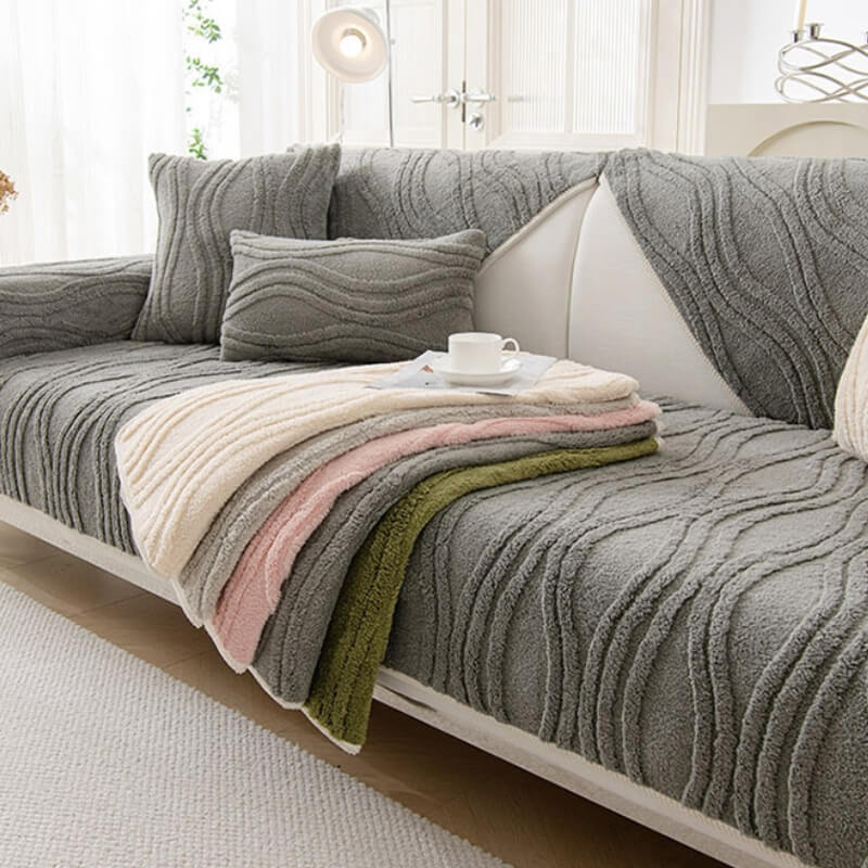 Cubierta de sofá de felpa gruesa sin deslizamiento elegante con textura gris