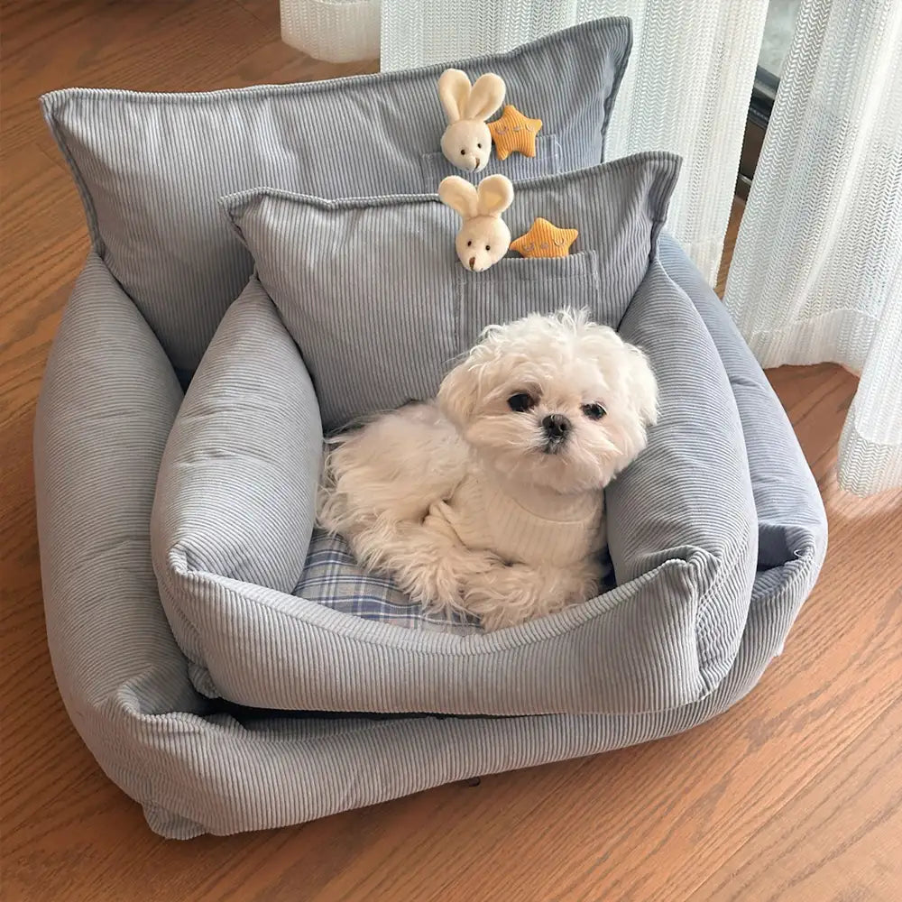 Rustic Corduroy Plaid Patchwork Dog Sofa Bed with Toy