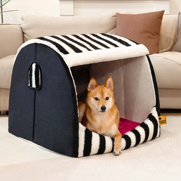 Cama de perros ortopédico de casa rayada de moda - acogedor escondite