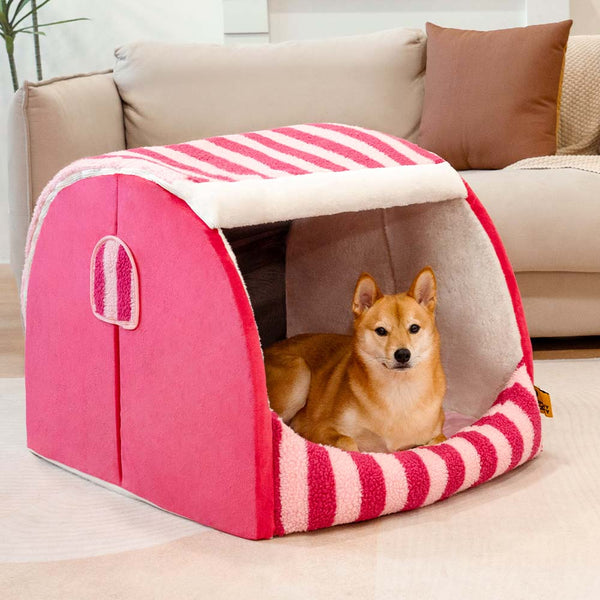 Cama de perros ortopédico de casa rayada de moda - acogedor escondite