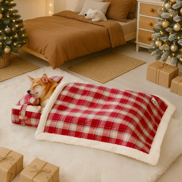 Vintage Plaid Plush Detachable Orthopedic Dog Bed with Pillow - Puppy Snug