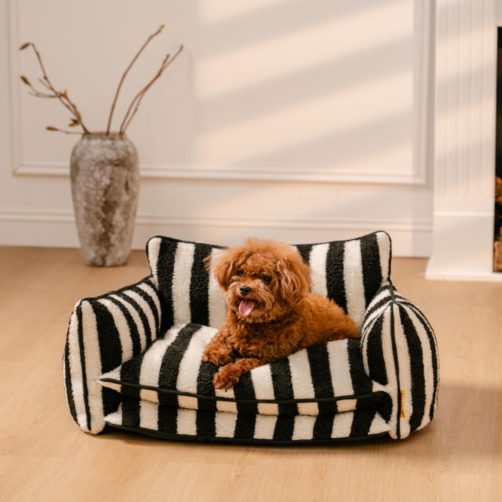Sofá cama para perros y gatos de doble capa de lana de cordero sintética a rayas de moda