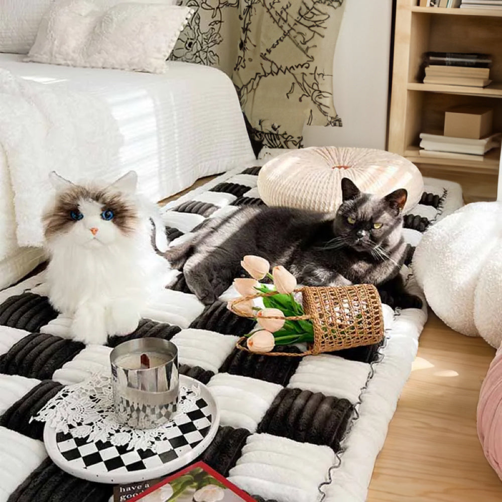 Cream-colored Large Plaid Square Fuzzy Pet Mat Bed Couch Cover