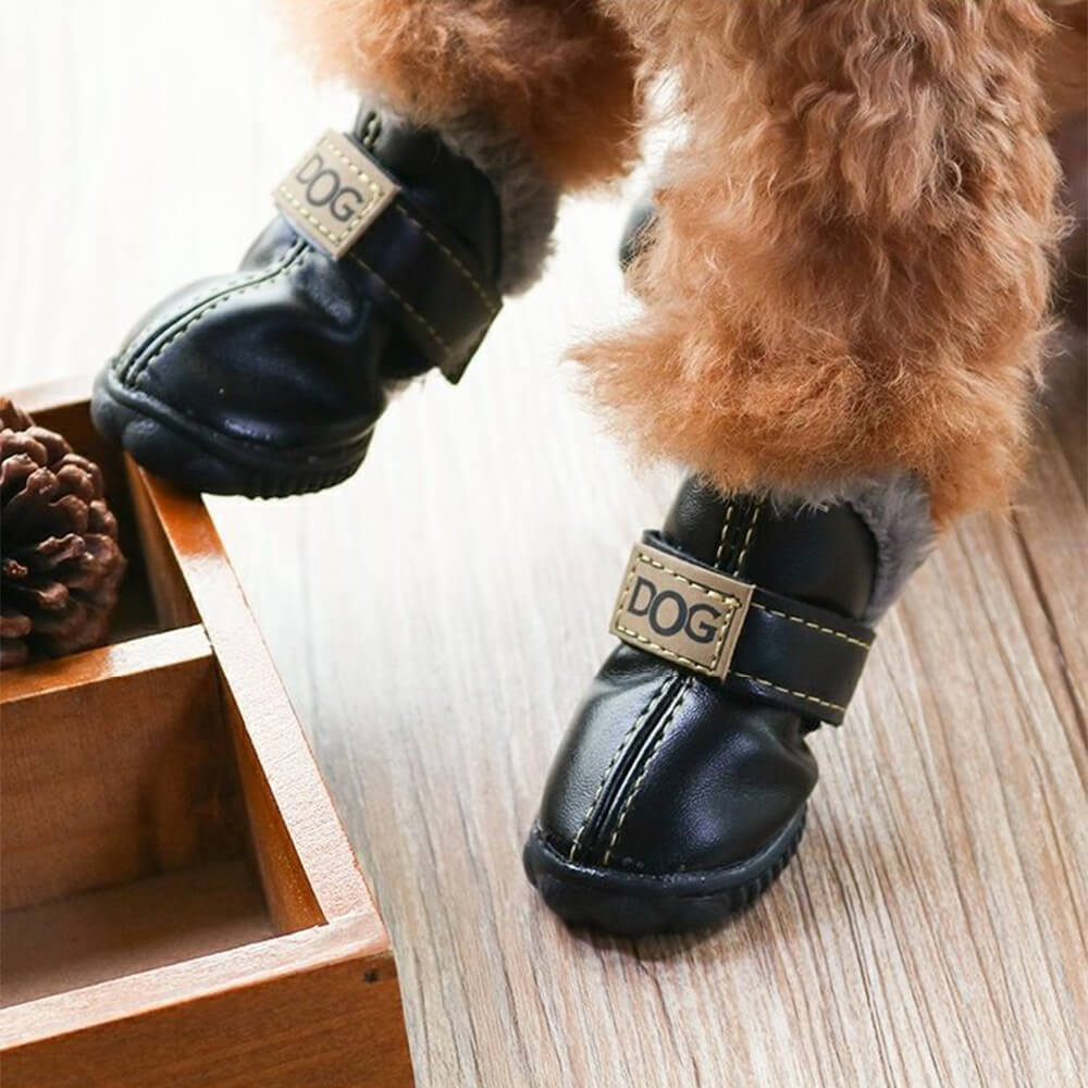 PU Leather Waterproof Anti-Slip Plush Lined Dog Boots