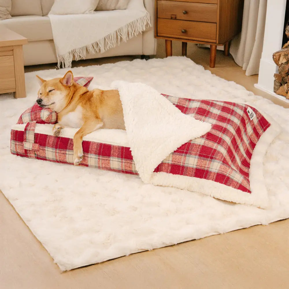 Vintage Plaid Plush Detachable Orthopedic Dog Bed with Pillow - Puppy Snug