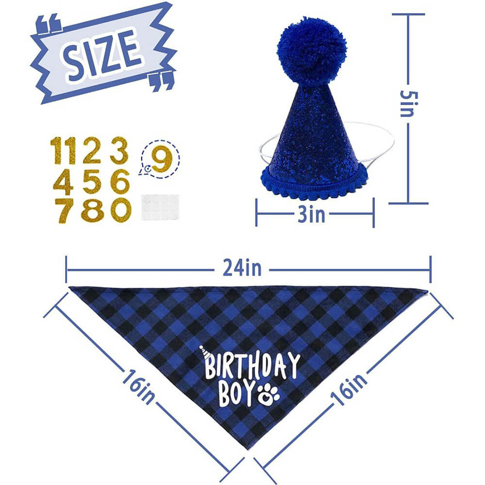 Set de fiesta de cumpleaños para perro, niño y niña, bandana y sombrero de cuadros azules con pegatinas numéricas