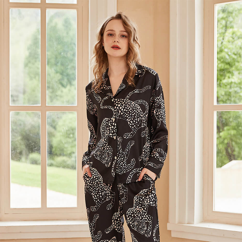 Elegant Animal Print Satin Long Sleeve Pajama Set