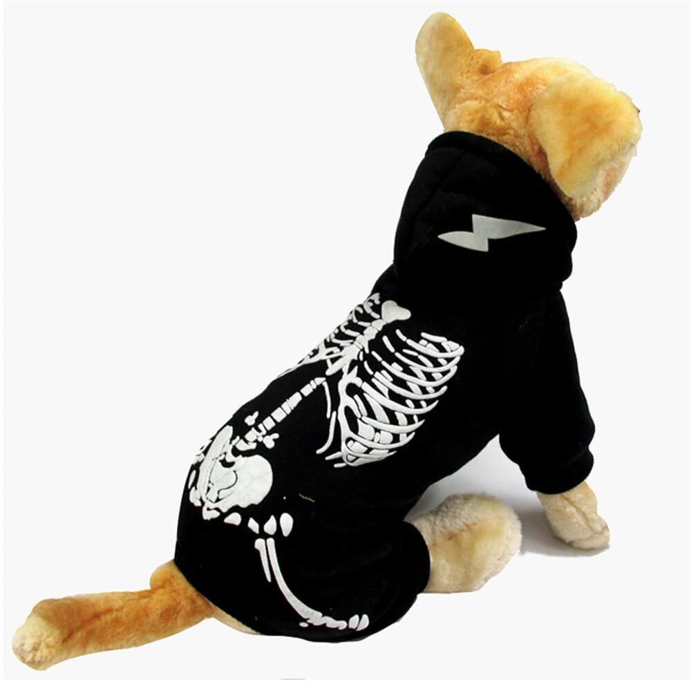 Sudadera con capucha luminosa para mascotas con esqueleto de cachorro de Halloween | Resplandeciente y acogedor