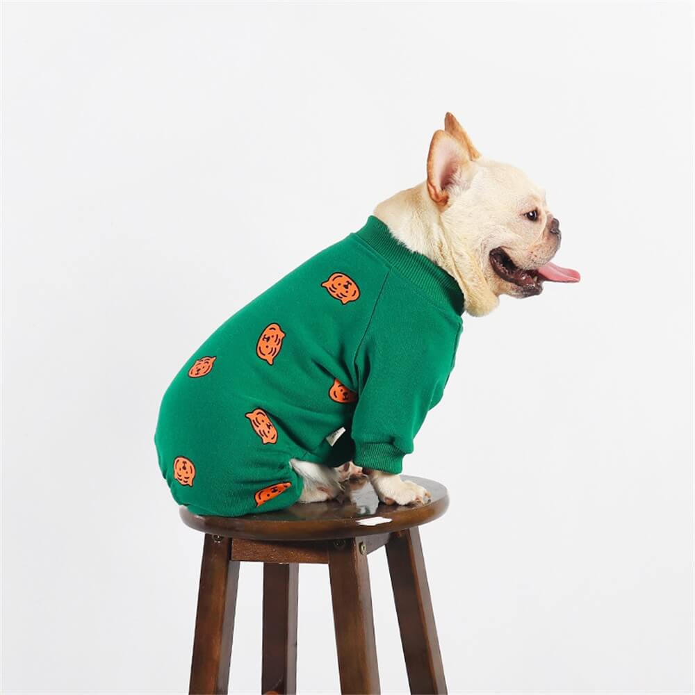 Pumpkin Print Green Dog Pajamas - Cozy and Festive Sleepwear for Dogs