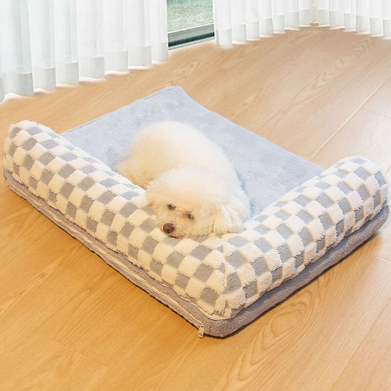 Cama grande con almohada para perros con protector de cuello suave y tablero de ajedrez