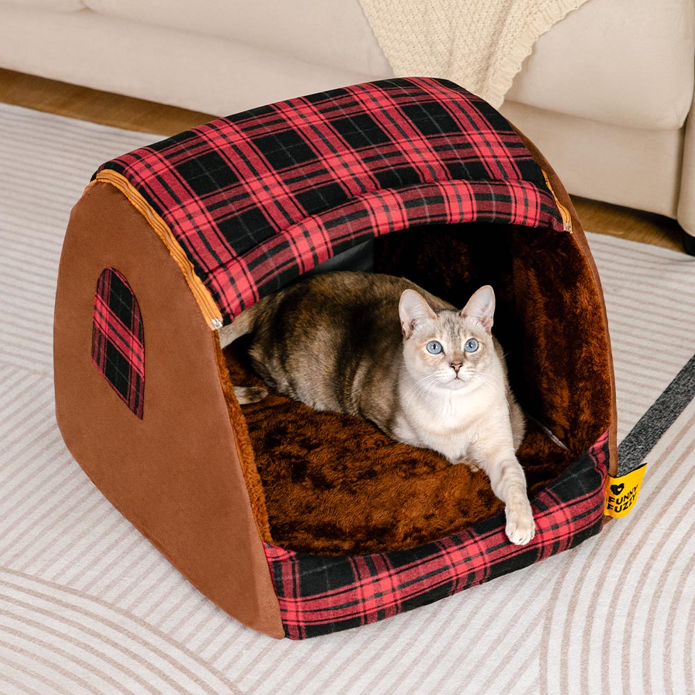 Classical Plaid House Orthopedic Cat Bed - Retreat Cabin