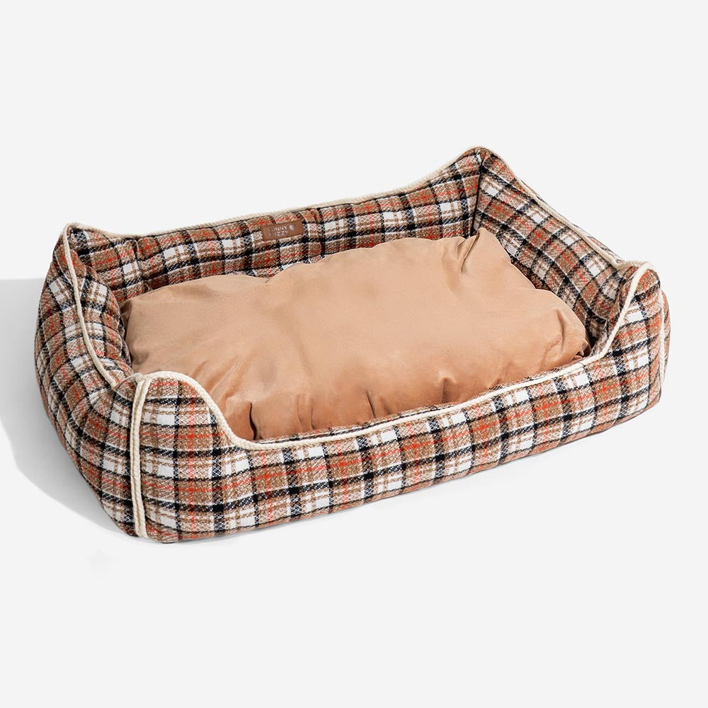 Classical Retro Plaid Removable Bolster Calming Dog Bed - Nostalgic Retreat