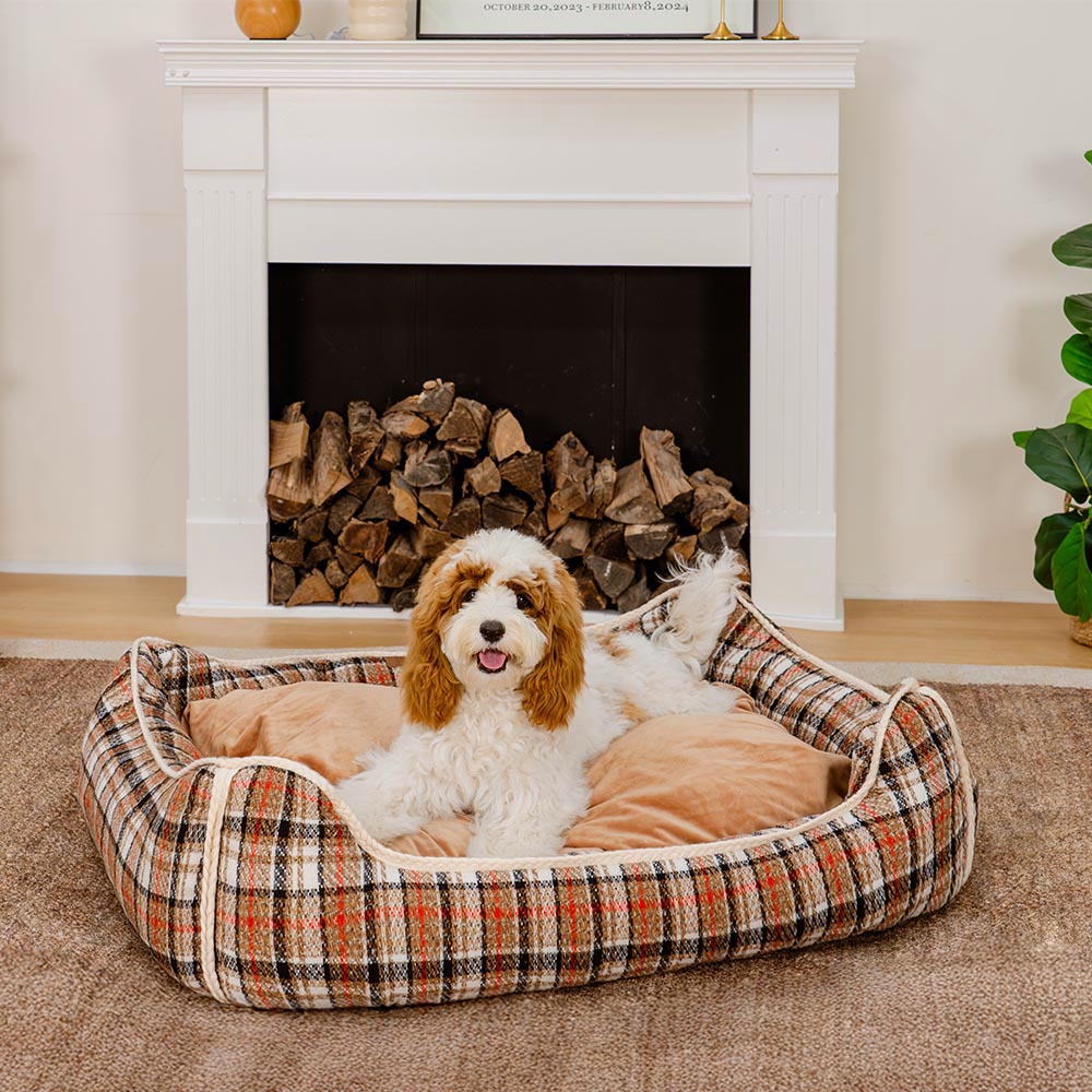 Classical Retro Plaid Removable Bolster Calming Dog Bed - Nostalgic Retreat