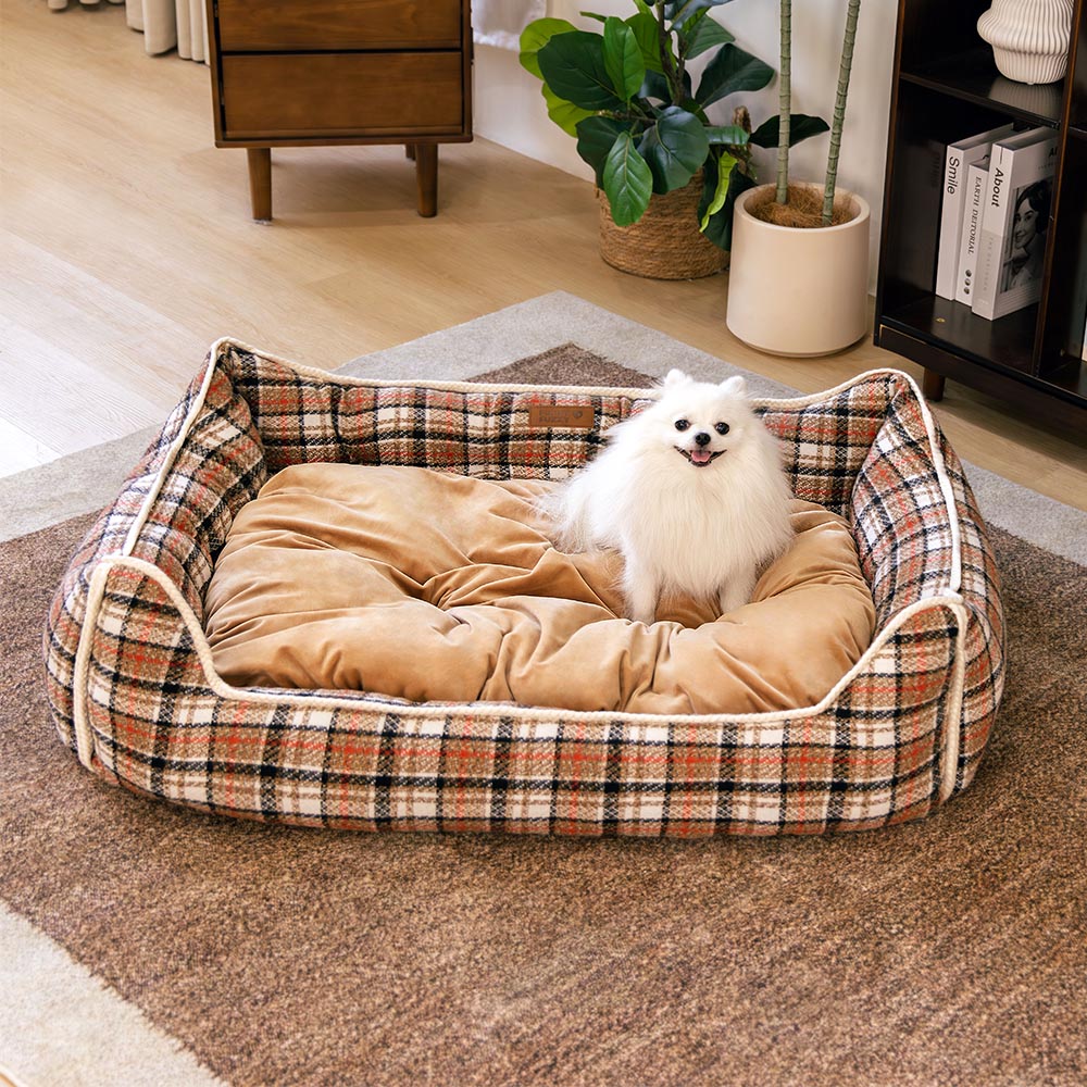 Classical Retro Plaid Removable Bolster Calming Dog Bed - Nostalgic Retreat