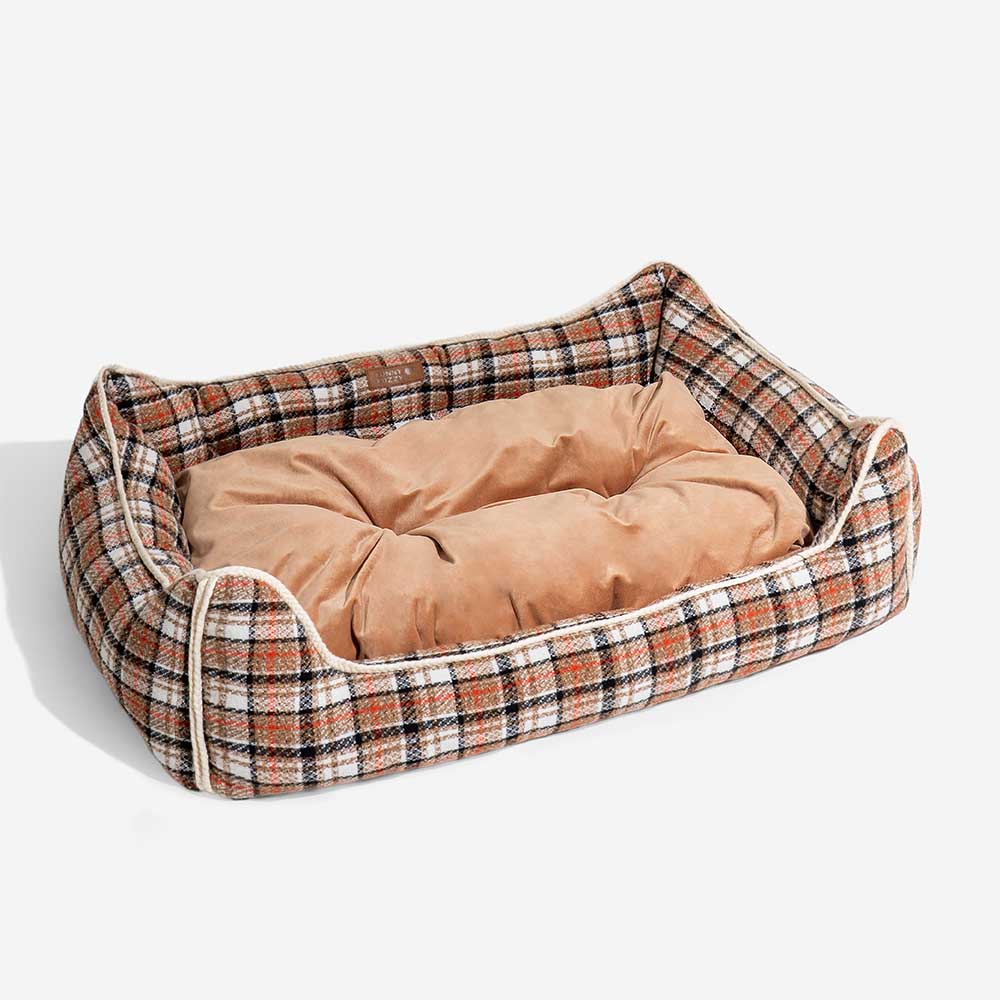 Classical Retro Plaid Removable Bolster Calming Dog Bed - Nostalgic Retreat