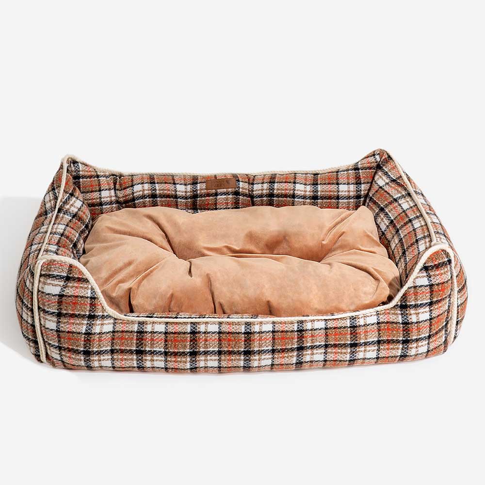 Classical Retro Plaid Removable Bolster Calming Dog Bed - Nostalgic Retreat