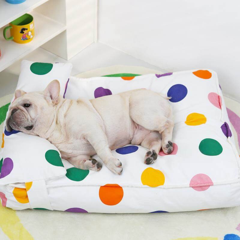 Cama con forma de almohada, acogedora y divertida, con puntos coloridos, cama relajante para perros
