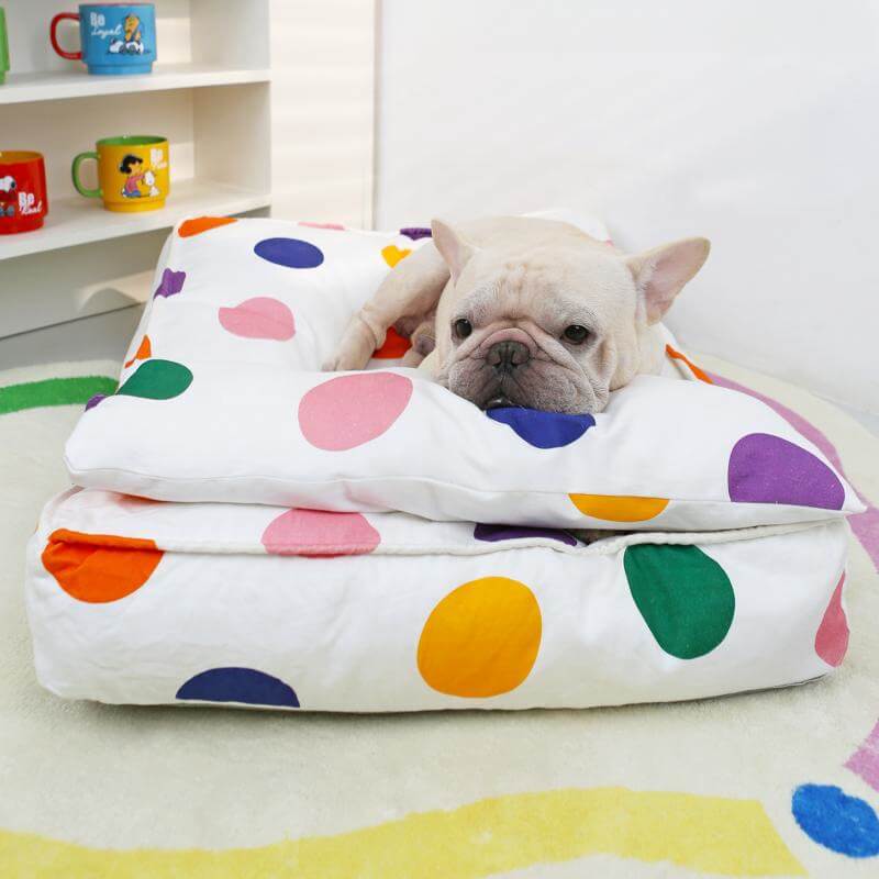 Cama con forma de almohada, acogedora y divertida, con puntos coloridos, cama relajante para perros