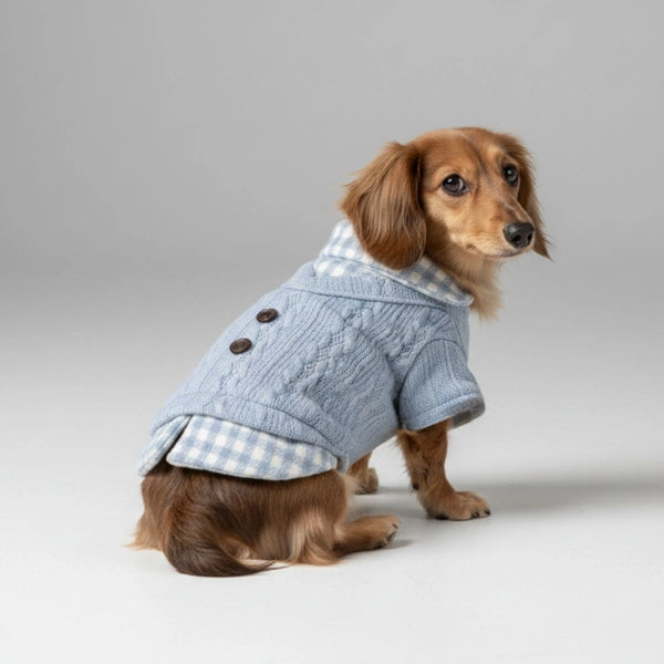 Cozy Knitted Dog Sweater with Plaid Collar – Available in Pink & Blue