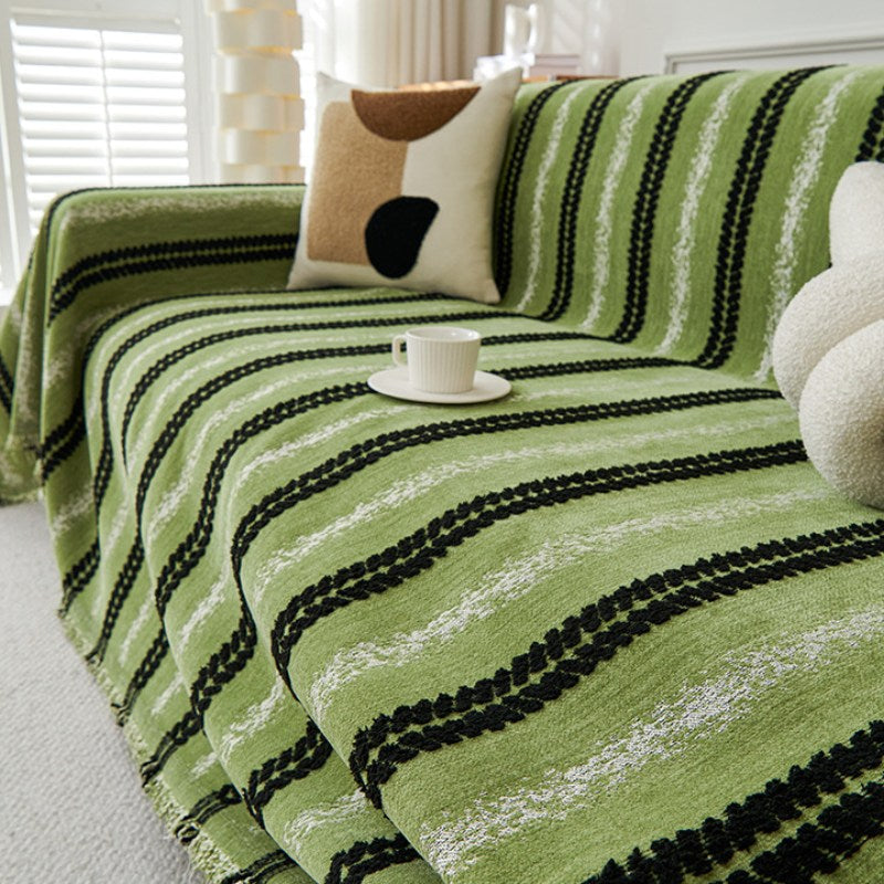 Decorative Stripe Tassel Chenille  Throw Couch Cover