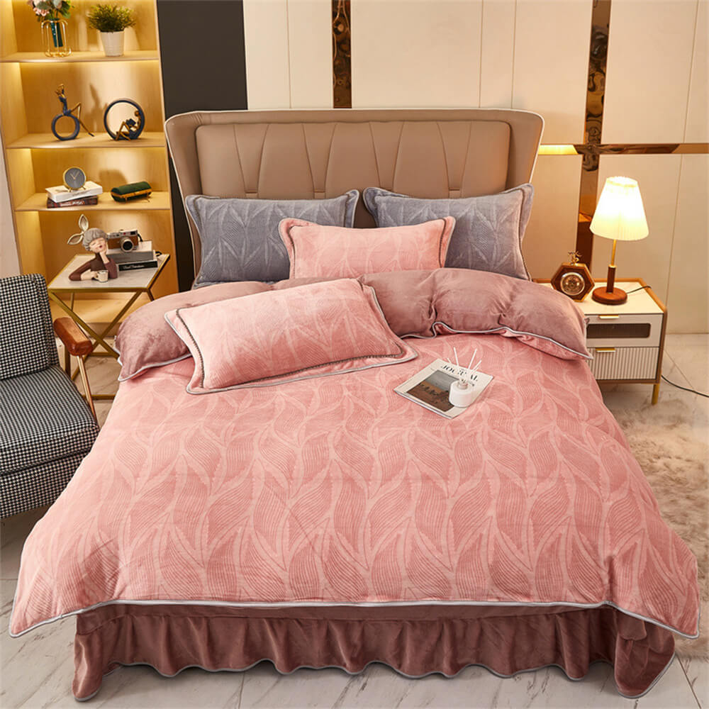 Patrón de hoja moderno Reta de cama de terciopelo suave de leche suave con falda de cama