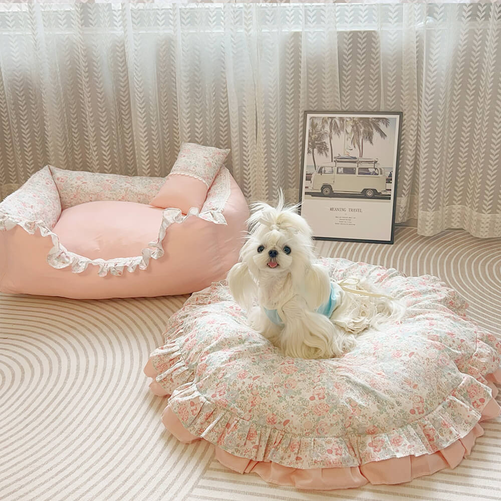 Floral Ruffled All-season Cozy Washable Round Dog Bed