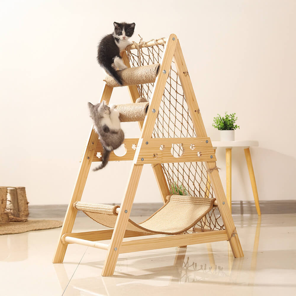 Modern Wooden Cat Tree Funny Scratching Post with Hammock Climbing Net