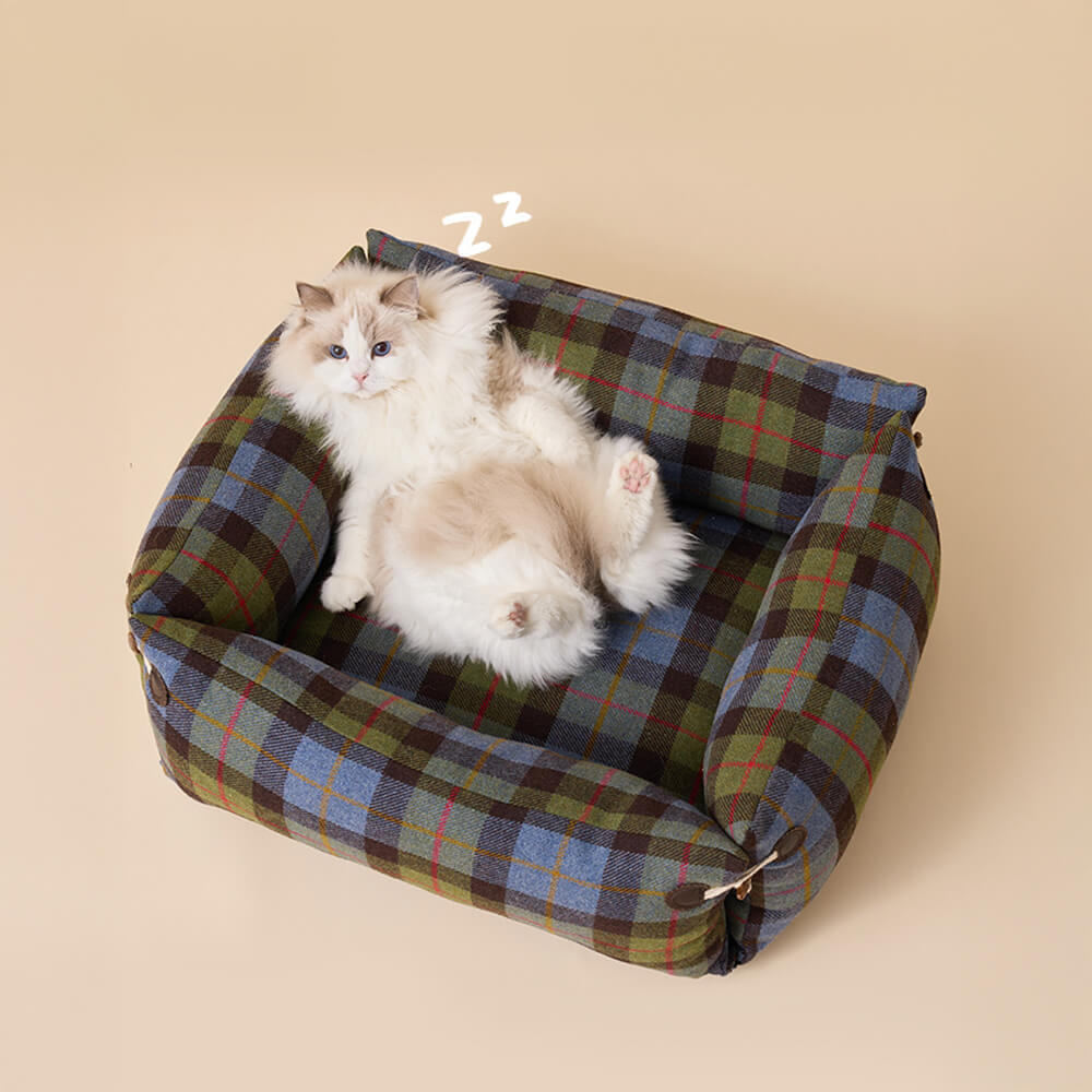 Plaid Expandable Soft Reversible With Horn Button Dog & Cat Bed