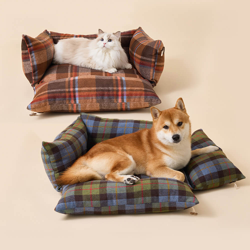 Plaid Expandable Soft Reversible With Horn Button Dog & Cat Bed