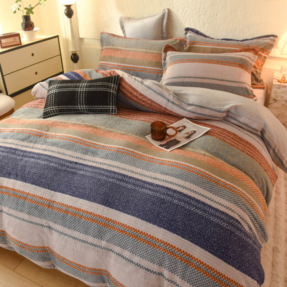 Striped Coral Fleece Soft Textured Warm Bed Sheet Set