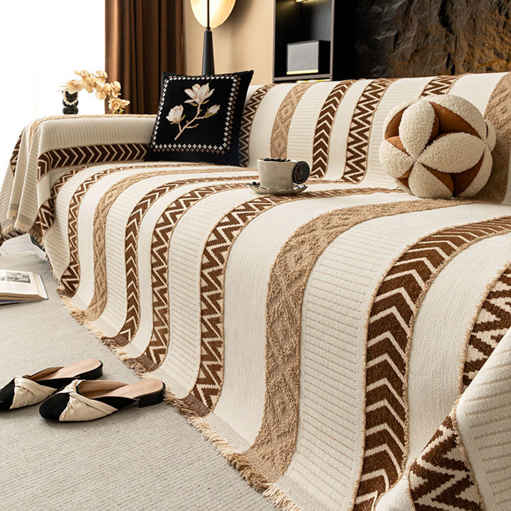 Venus Striped Geometric Chenille Full-Cover Throw Couch Cover