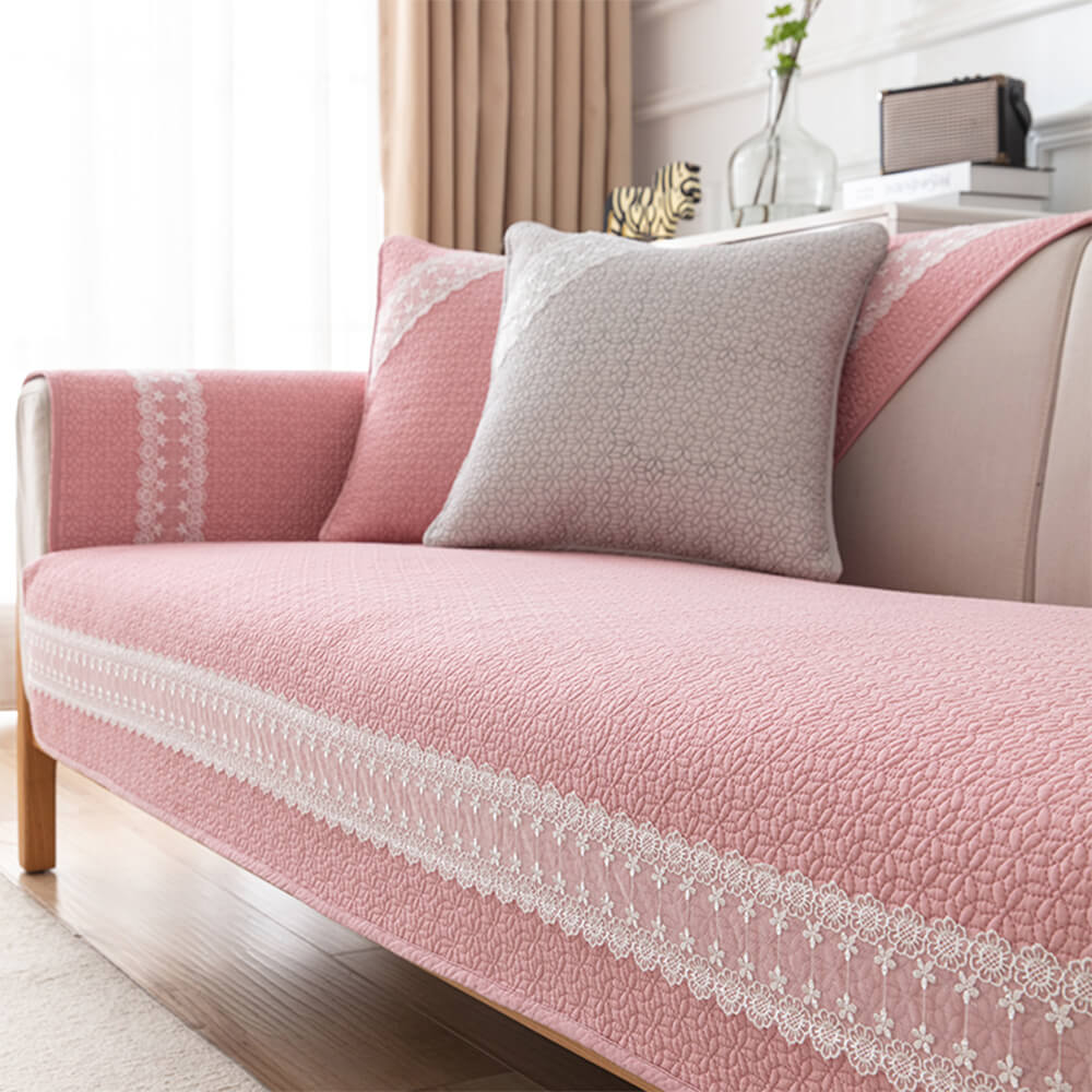 Pure Cotton Lace Trim Embossed Couch Cover