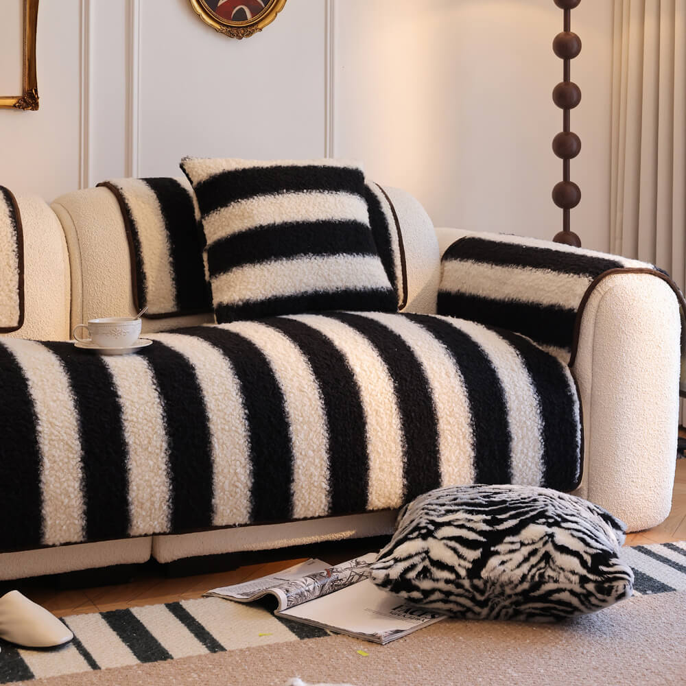 Faux Lambswool Striped Colorblock Non-Slip Couch Cover