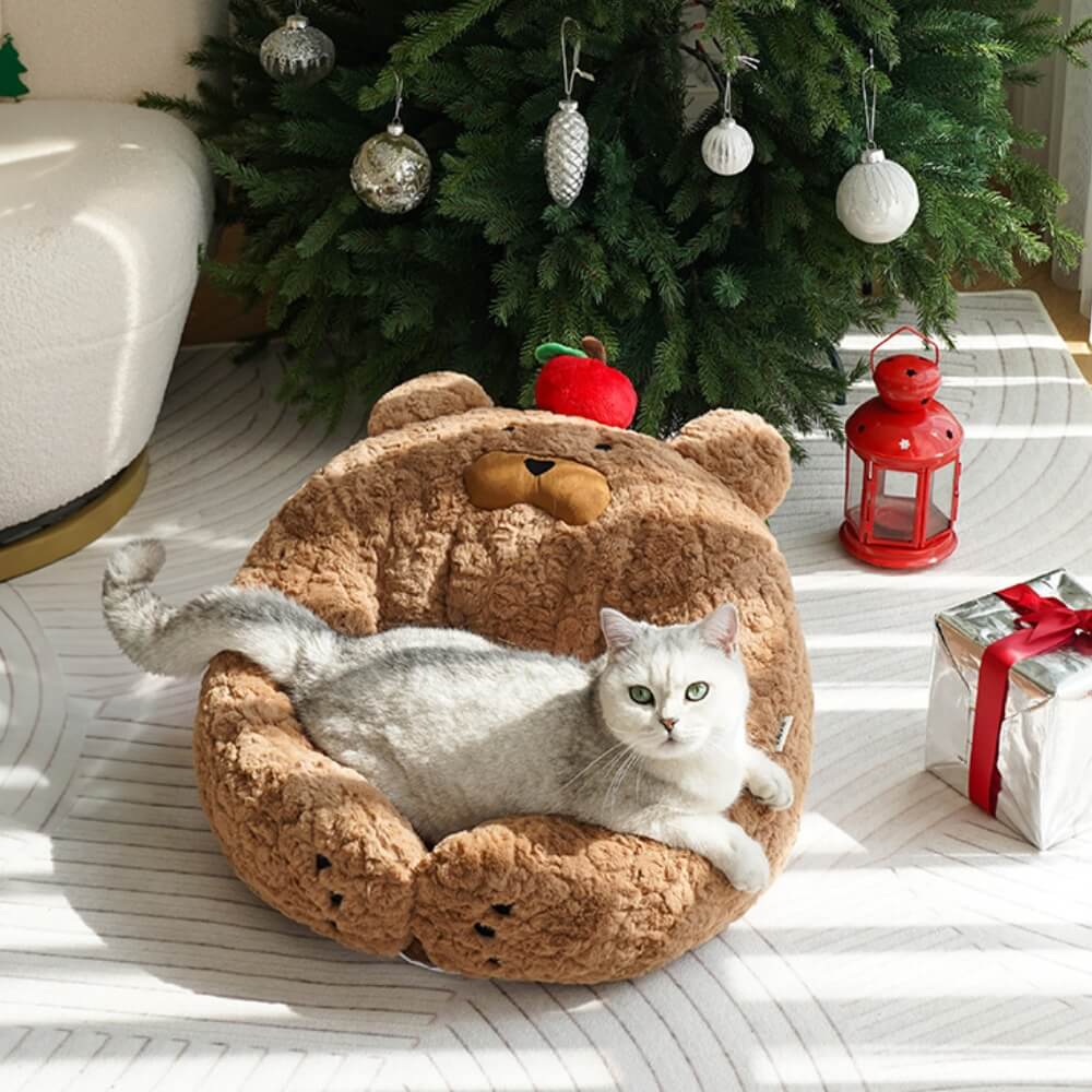 Cama para gatos festiva y adorable de felpa con forma de manzana