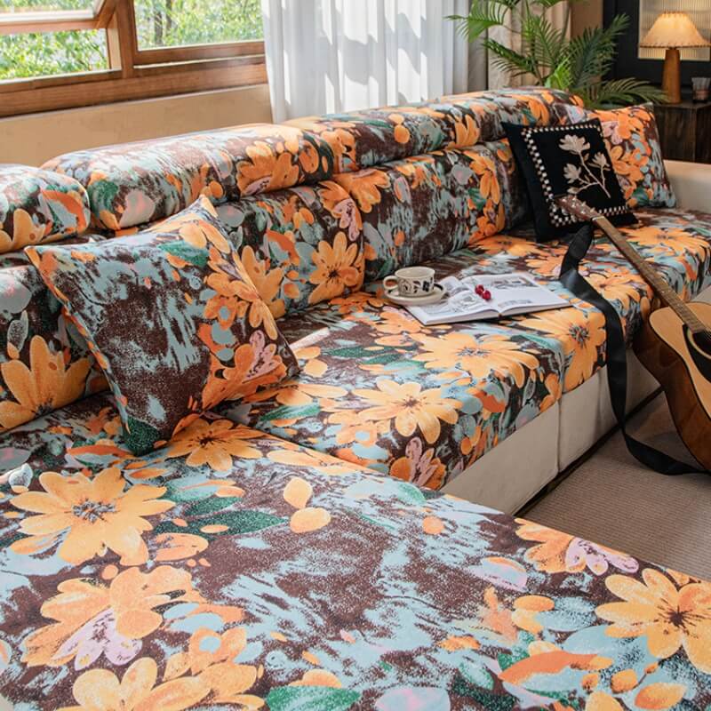 Floral Soft Polar Fleece Full Wrap Stretch Magic Couch Cover