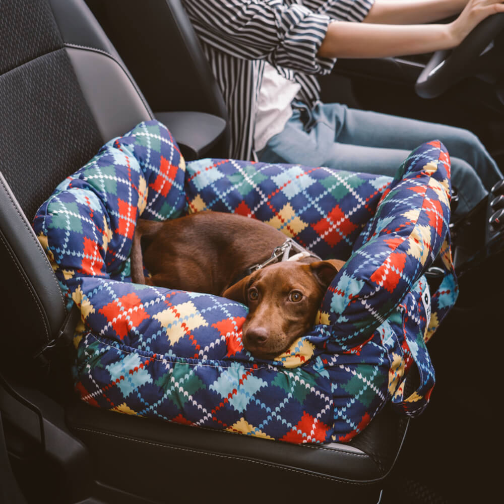 Cama para asiento de coche para perros con retazos de mezclilla vintage con refuerzo de seguridad para viajes