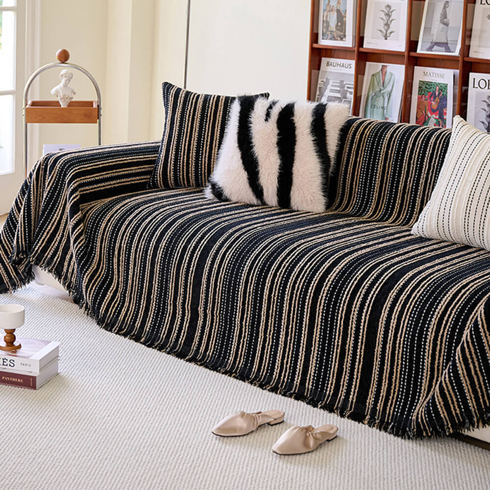 All-Season Striped Tassels Chenille Durable Couch Cover