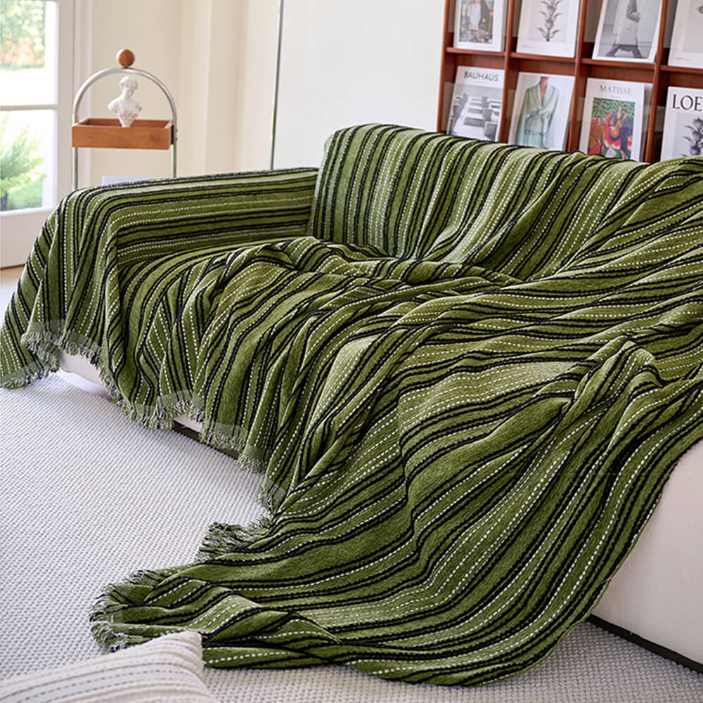 All-Season Striped Tassels Full-Cover Chenille Durable Couch Cover