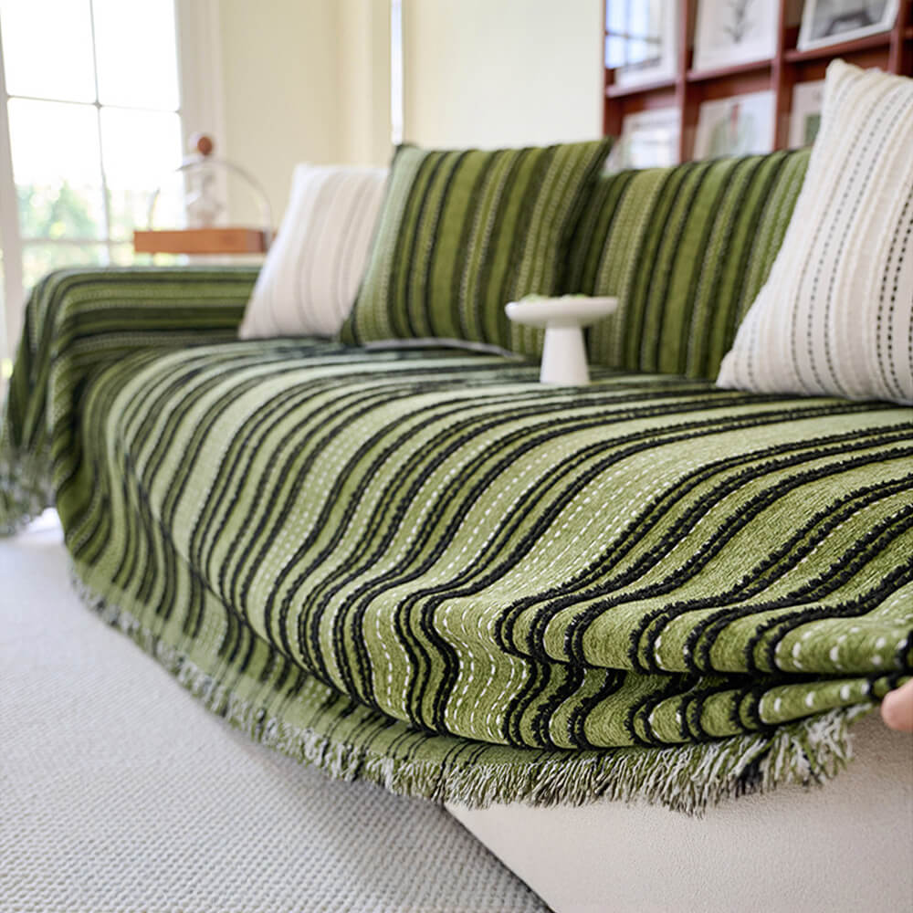 All-Season Striped Tassels Full-Cover Chenille Durable Couch Cover