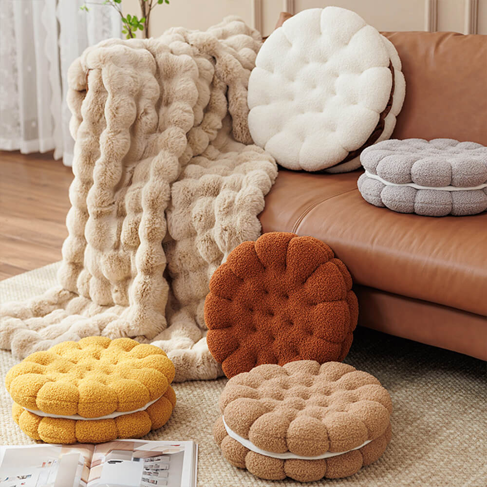 Biscuit Shaped Faux Lambswool Decorative Home Seat Cushion