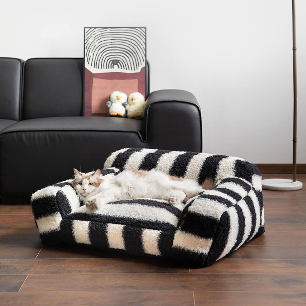 Bold Striped Faux Lambswool Wide Armrest Dog & Cat Sofa Bed