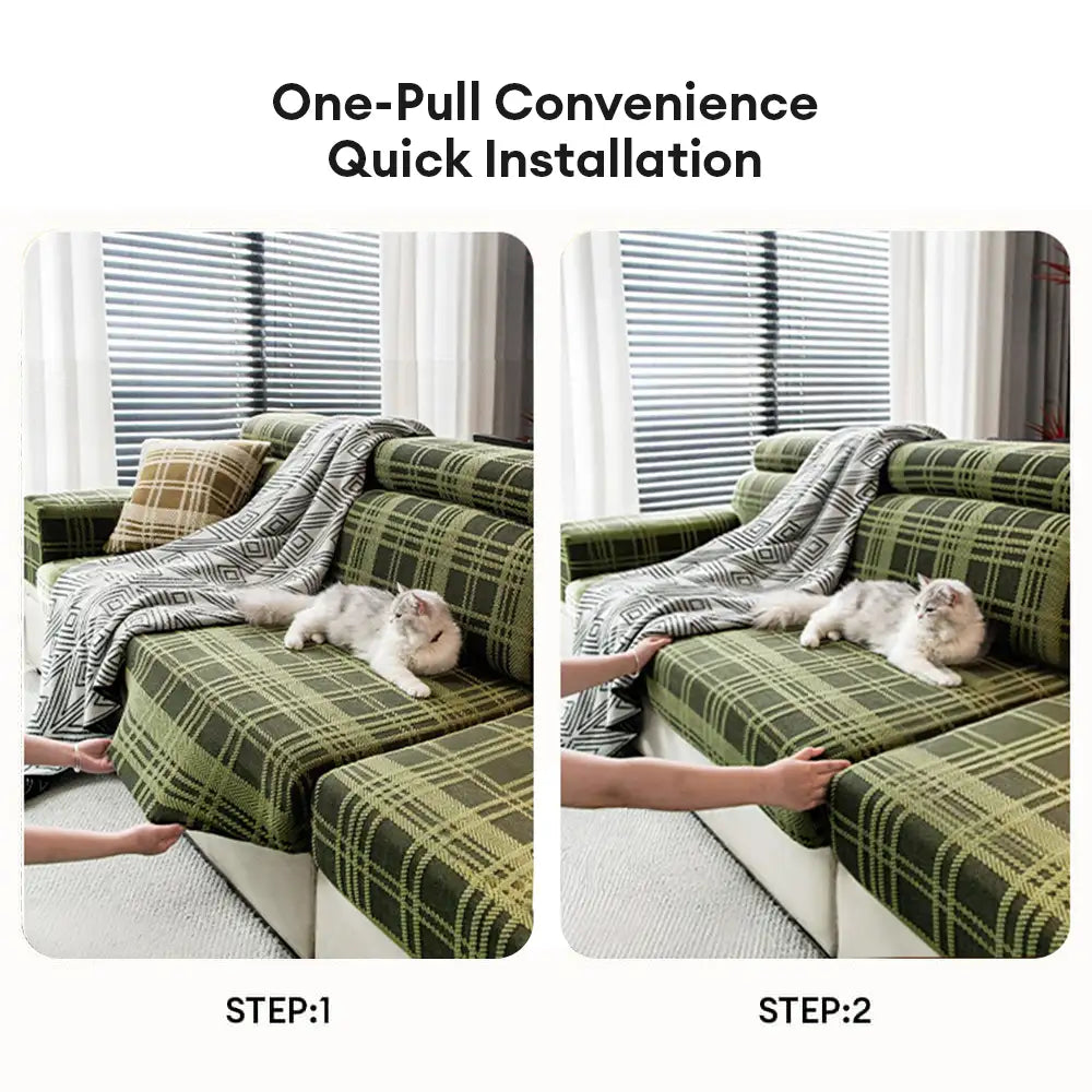 Checkered Stretch Universal Fully Fitted Anti-Cat Scratch Couch Cover - Suitable for All Seasons