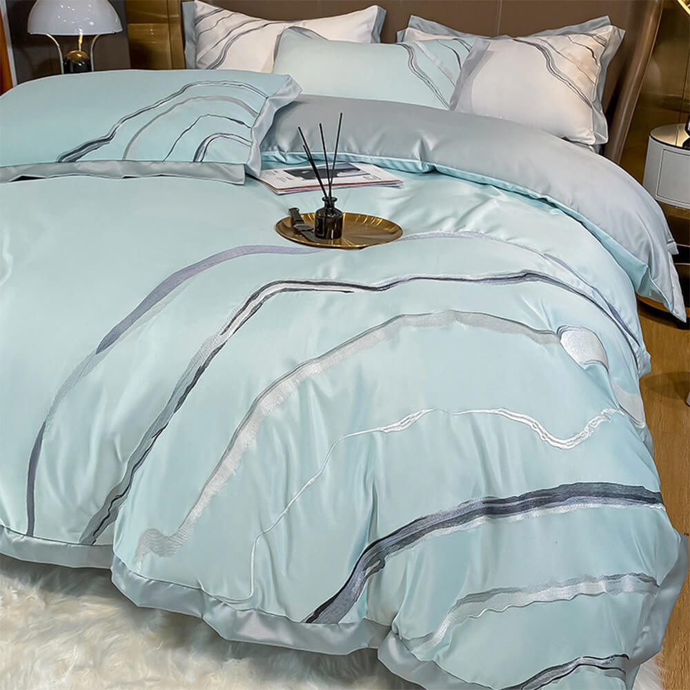 Embroidered Marble Pattern Ice Silk Cooling Bed Sheet Set