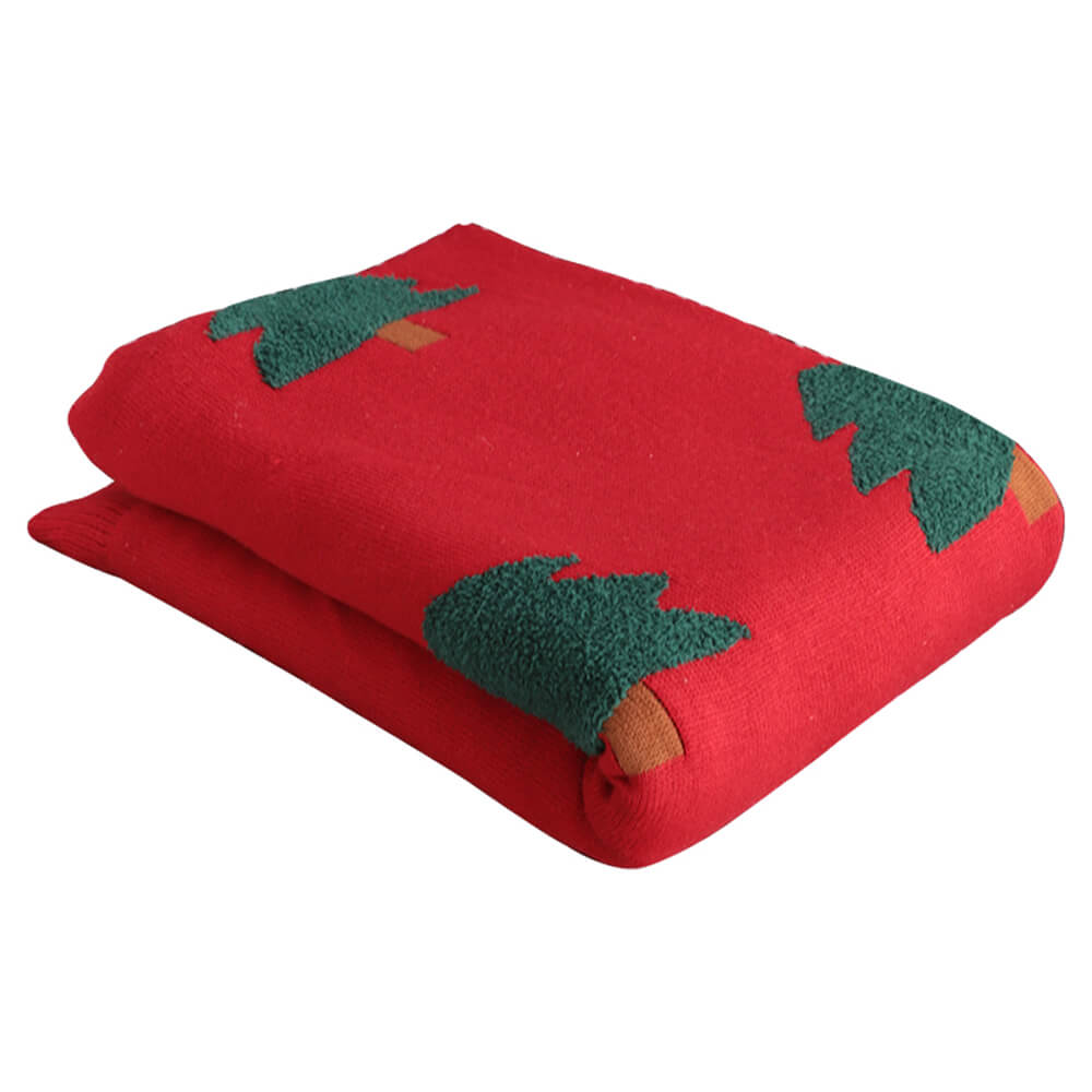 Festive Christmas Tree Pattern Knitted Throw Blanket with Pillow