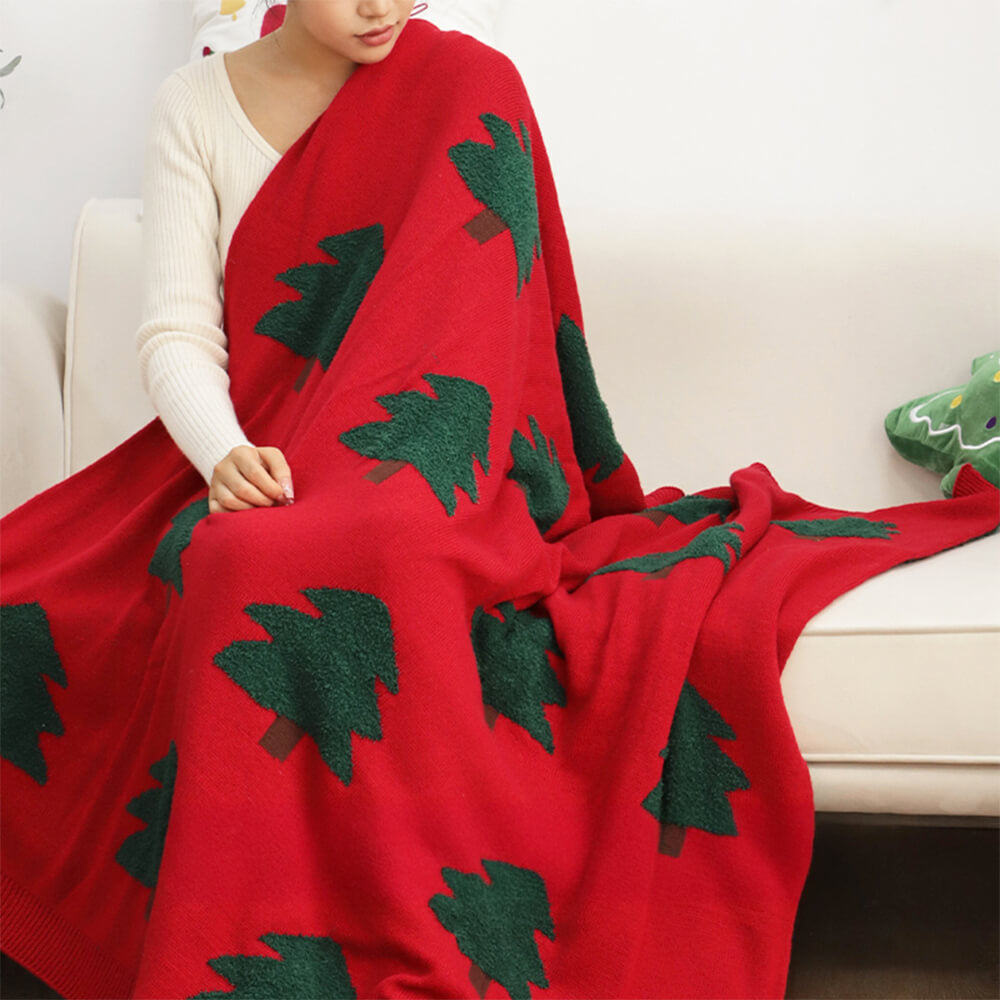 Festive Christmas Tree Pattern Knitted Throw Blanket with Pillow