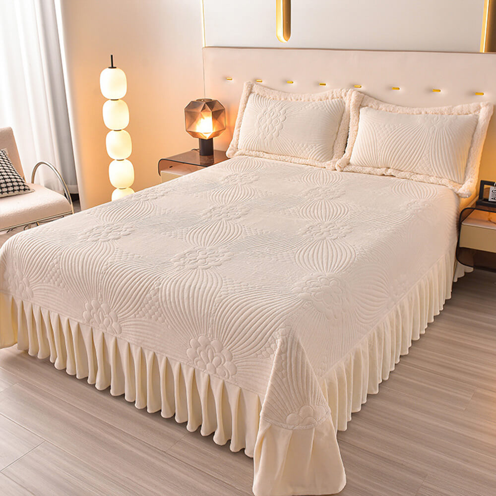 Floral Quilted Cozy Thickened Milk Fleece Bed Skirt Set