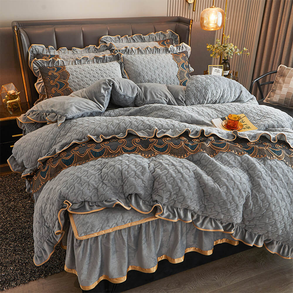 Luxurious Crystal Velvet Embroidered Non-Slip Bed Sheet Set with Bed Skirt