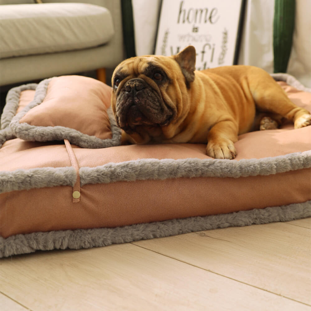 Lujosa cama retro de piel sintética para perros con sueño profundo y almohada