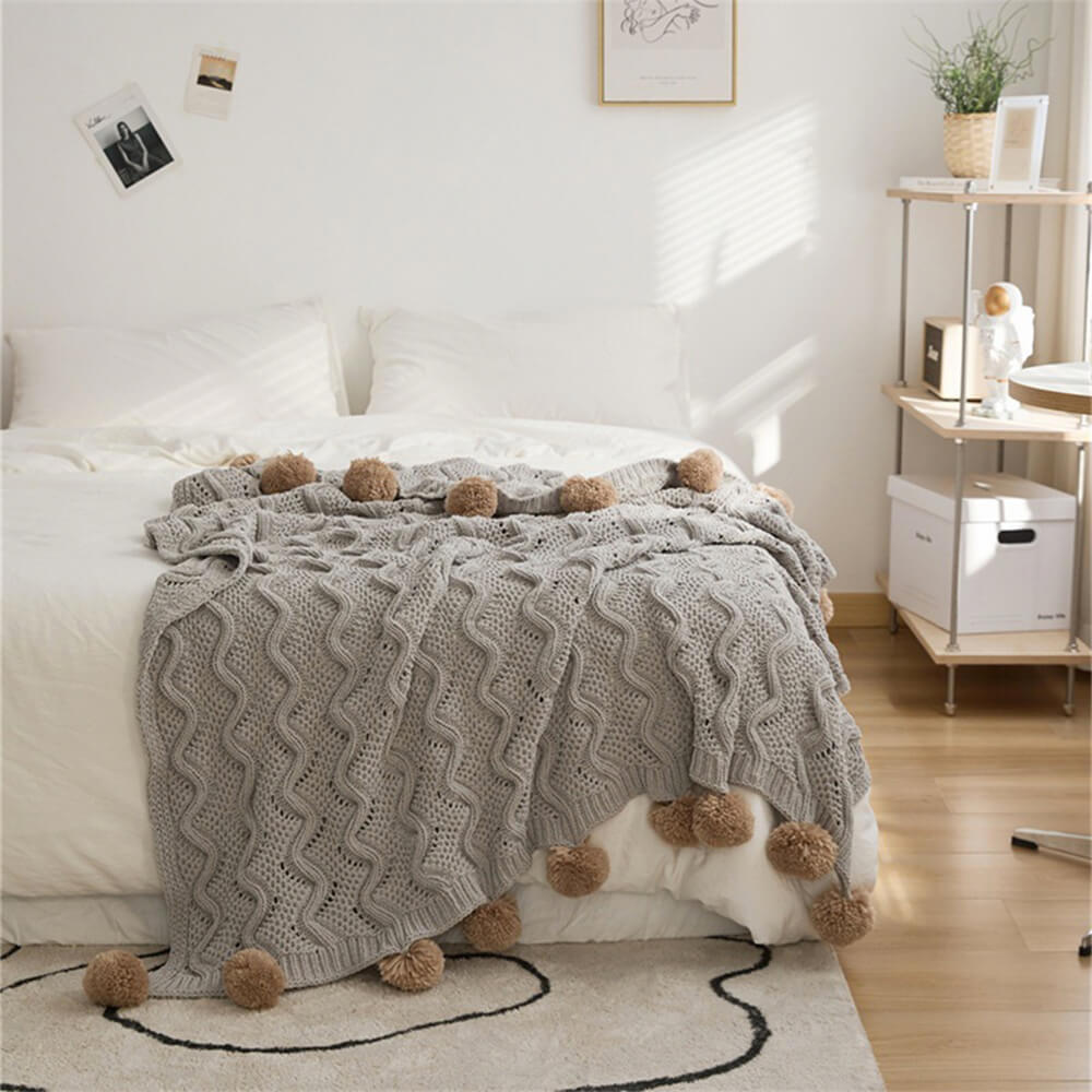 Nordic Style Chenille Pom Pom Cozy Throw Blanket with Pillowcase